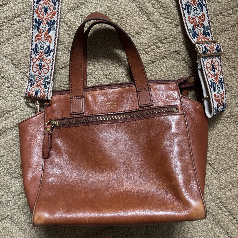 VINTAGE Fossil Cognac Leather Tote with FREE Crossbody Strap